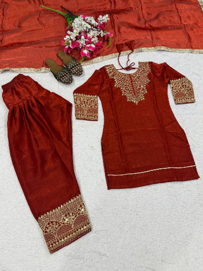 Rust Orange with Gold Embroidery Farshi Suit