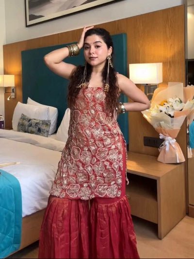 Terracotta Shimmer Silk Embroidered Sharara Palazzo Set