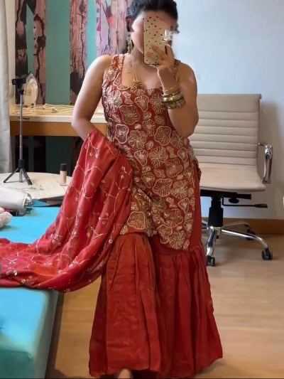 Terracotta Shimmer Silk Embroidered Sharara Palazzo Set