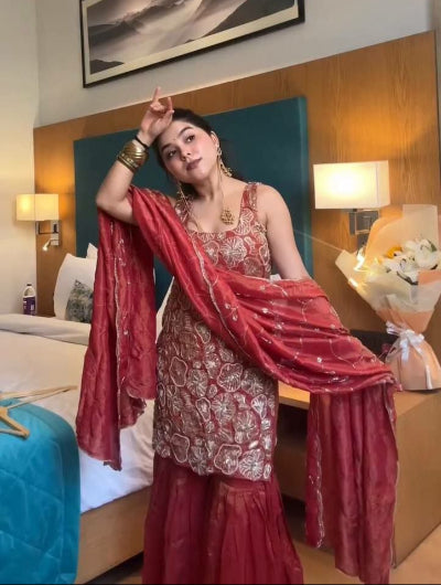 Terracotta Shimmer Silk Embroidered Sharara Palazzo Set