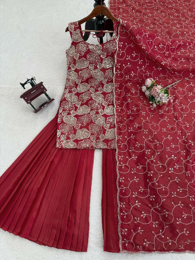 Terracotta Shimmer Silk Embroidered Sharara Palazzo Set