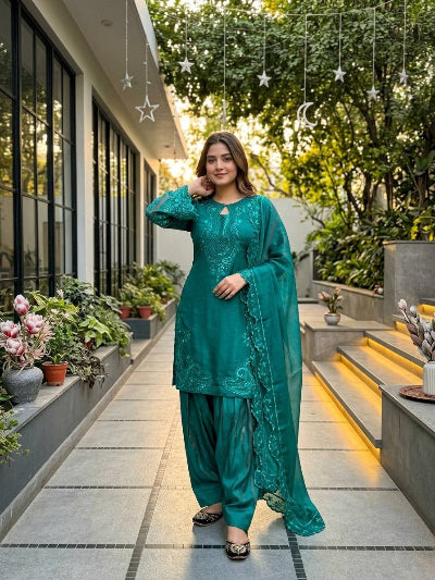 Turquoise Blue Embroidered Farshi Suit Set