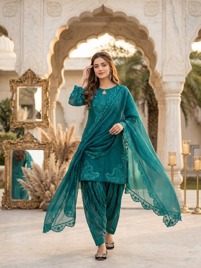 Turquoise Blue Embroidered Farshi Suit Set