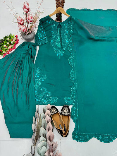 Turquoise Blue Embroidered Farshi Suit Set
