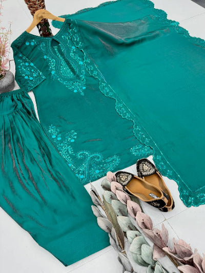 Turquoise Blue Embroidered Farshi Suit Set
