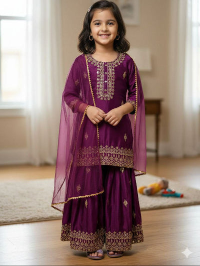 Kids Deep Purple Chinon Silk Sharara Suit