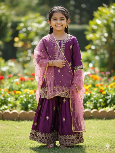 Kids Deep Purple Chinon Silk Sharara Suit