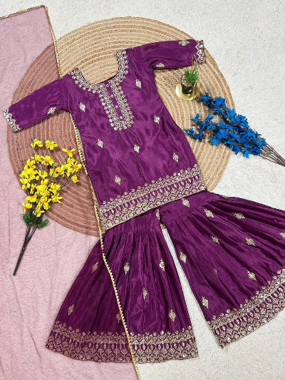 Kids Deep Purple Chinon Silk Sharara Suit