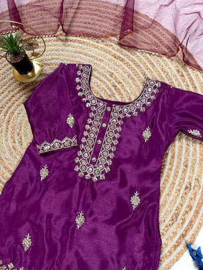 Kids Deep Purple Chinon Silk Sharara Suit