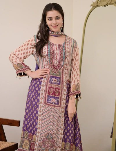 Purple Printed Pure Chinon Flowy Salwar Suit Set - BONYHUBSALWAR KAMEEZ