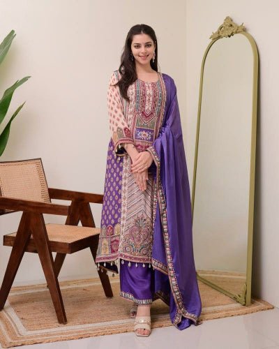 Purple Printed Pure Chinon Flowy Salwar Suit Set - BONYHUBSALWAR KAMEEZ