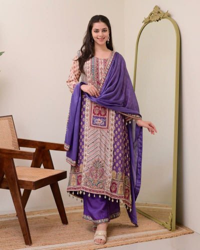 Purple Printed Pure Chinon Flowy Salwar Suit Set - BONYHUBSALWAR KAMEEZ