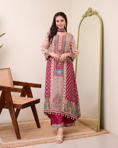 Maroon Printed Pure Chinon Flowy Salwar Suit Set - BONYHUBSALWAR KAMEEZ