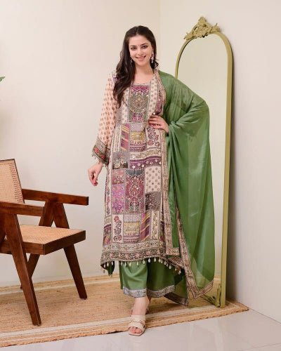 Green Printed Pure Chinon Flowy Salwar Suit Set - BONYHUBSALWAR KAMEEZ
