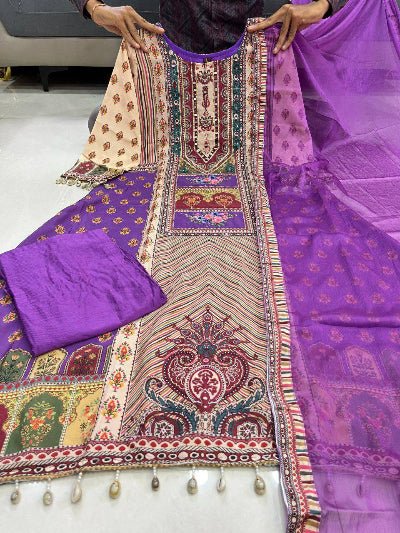 Purple Printed Pure Chinon Flowy Salwar Suit Set - BONYHUBSALWAR KAMEEZ