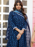 Navy Blue Cotton Angharakha Style Anarkali Suit Set - BONYHUBSALWAR KAMEEZ