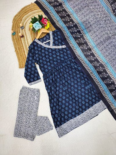 Navy Blue Cotton Angharakha Style Anarkali Suit Set - BONYHUBSALWAR KAMEEZ