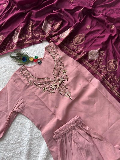 Powder Pink Roman Silk Salwar Suit With Rani Pink Dupatta - BONYHUBSALWAR KAMEEZ