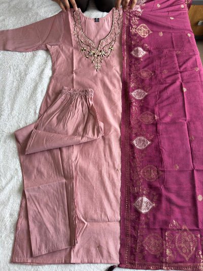 Powder Pink Roman Silk Salwar Suit With Rani Pink Dupatta - BONYHUBSALWAR KAMEEZ