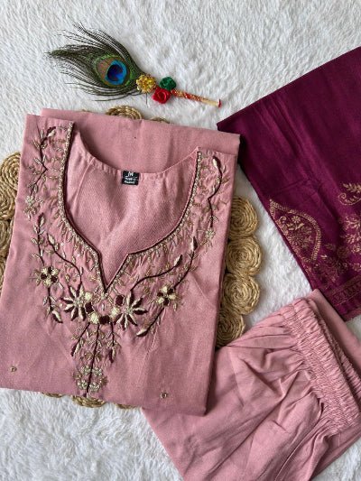 Powder Pink Roman Silk Salwar Suit With Rani Pink Dupatta - BONYHUBSALWAR KAMEEZ