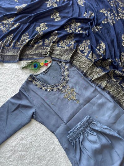 Powder Blue Handwork Roman Silk Salwar Suit Set - BONYHUBSALWAR KAMEEZ