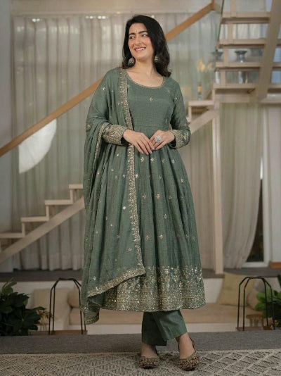 Sage Green Sequins Embroidered Anarkali Suit Set