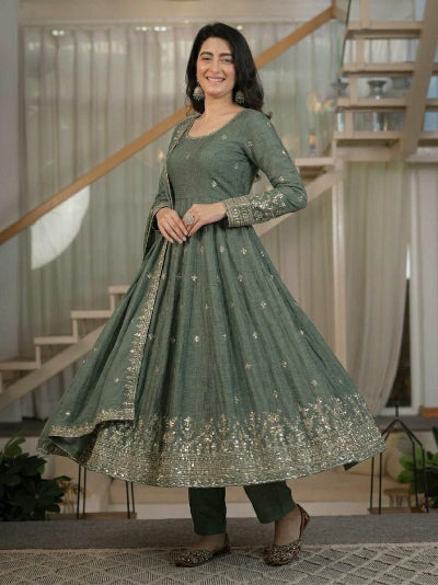 Sage Green Sequins Embroidered Anarkali Suit Set