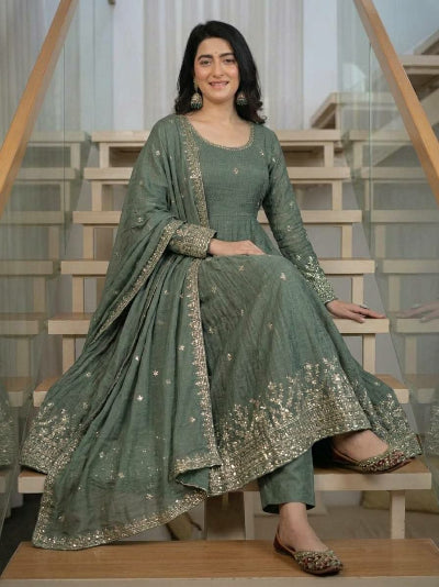 Sage Green Sequins Embroidered Anarkali Suit Set