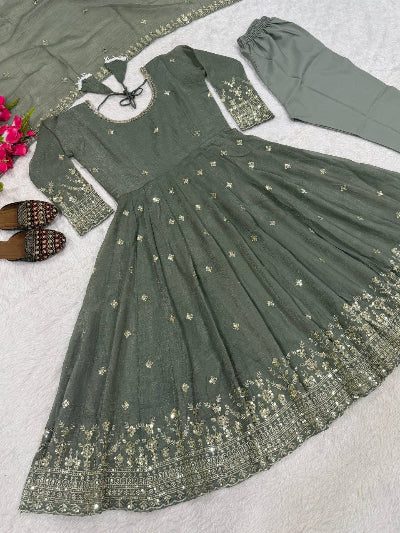 Sage Green Sequins Embroidered Anarkali Suit Set