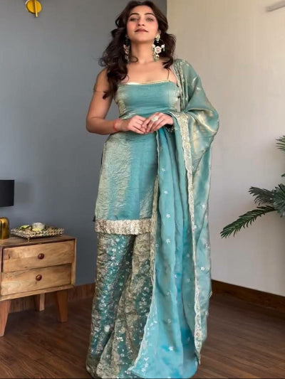 Pastel Blue Sleeveless Fendy Silk Partywear Palazzo Suit