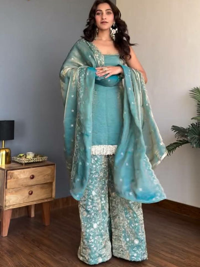 Pastel Blue Sleeveless Fendy Silk Partywear Palazzo Suit