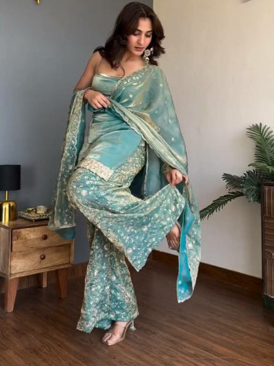 Pastel Blue Sleeveless Fendy Silk Partywear Palazzo Suit