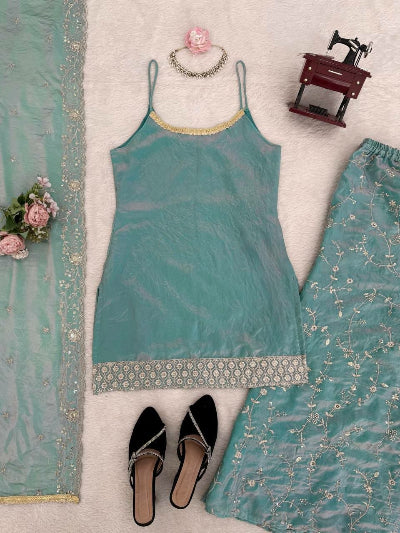 Pastel Blue Sleeveless Fendy Silk Partywear Palazzo Suit