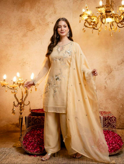Beige Gold Embroidered Crunchy Silk Palazzo Suit