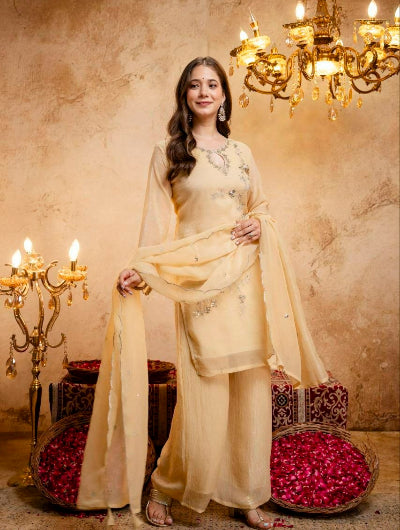 Beige Gold Embroidered Crunchy Silk Palazzo Suit