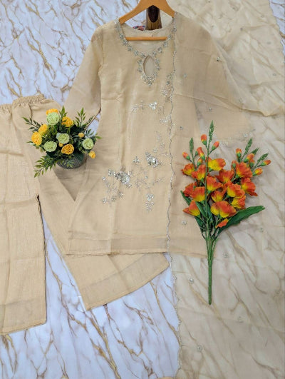 Beige Gold Embroidered Crunchy Silk Palazzo Suit