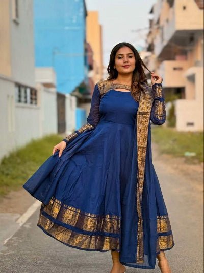 Peacock Blue Cotton Silk Gold Zari Anarkali Dupatta 2pc - BONYHUBSALWAR KAMEEZ