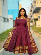 Deep Maroon Cotton Silk Gold Zari Anarkali Dupatta 2pc - BONYHUBSALWAR KAMEEZ