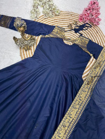 Peacock Blue Cotton Silk Gold Zari Anarkali Dupatta 2pc - BONYHUBSALWAR KAMEEZ