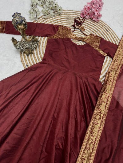 Deep Maroon Cotton Silk Gold Zari Anarkali Dupatta 2pc - BONYHUBSALWAR KAMEEZ