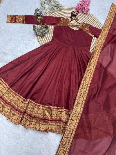 Deep Maroon Cotton Silk Gold Zari Anarkali Dupatta 2pc - BONYHUBSALWAR KAMEEZ