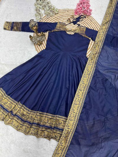 Peacock Blue Cotton Silk Gold Zari Anarkali Dupatta 2pc - BONYHUBSALWAR KAMEEZ