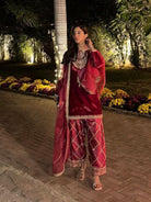 Magenta Pink Velvet Gold Embroidery Work Suit Set - BONYHUBSALWAR KAMEEZ