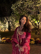 Magenta Pink Velvet Gold Embroidery Work Suit Set - BONYHUBSALWAR KAMEEZ