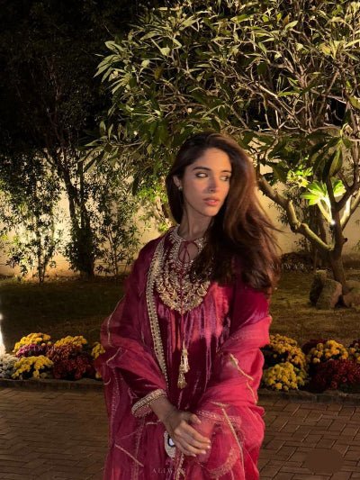 Magenta Pink Velvet Gold Embroidery Work Suit Set - BONYHUBSALWAR KAMEEZ