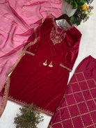 Magenta Pink Velvet Gold Embroidery Work Suit Set - BONYHUBSALWAR KAMEEZ