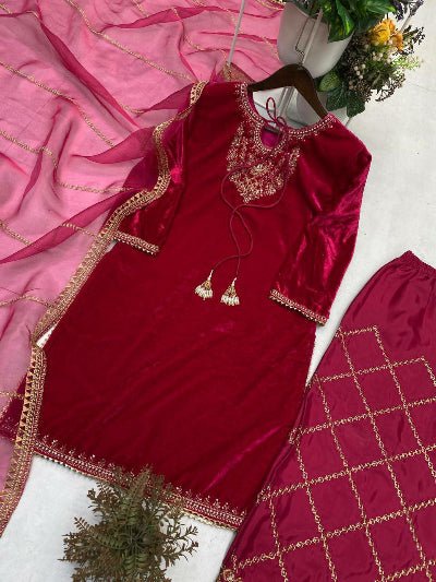 Magenta Pink Velvet Gold Embroidery Work Suit Set - BONYHUBSALWAR KAMEEZ