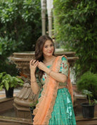 Mint Green & Peach Jacquard Weaving Lehenga Choli - BONYHUBSALWAR KAMEEZ