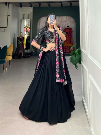 Black Georgette Floral Embroidery Sequins Work Lehenga Choli - BONYHUBSALWAR KAMEEZ