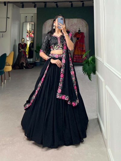 Black Georgette Floral Embroidery Sequins Work Lehenga Choli - BONYHUBSALWAR KAMEEZ
